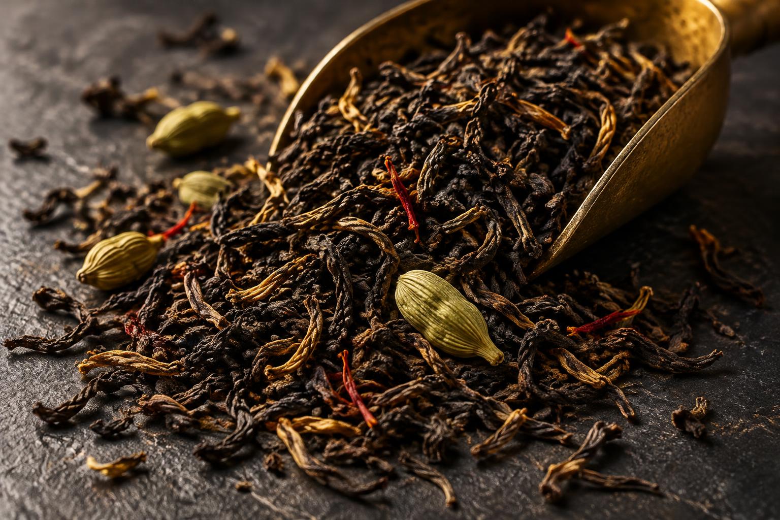 Loose black tea being assessed for aroma and character