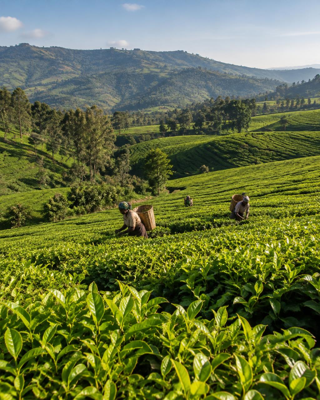 Tea workers among rolling highland tea gardens in Burundi