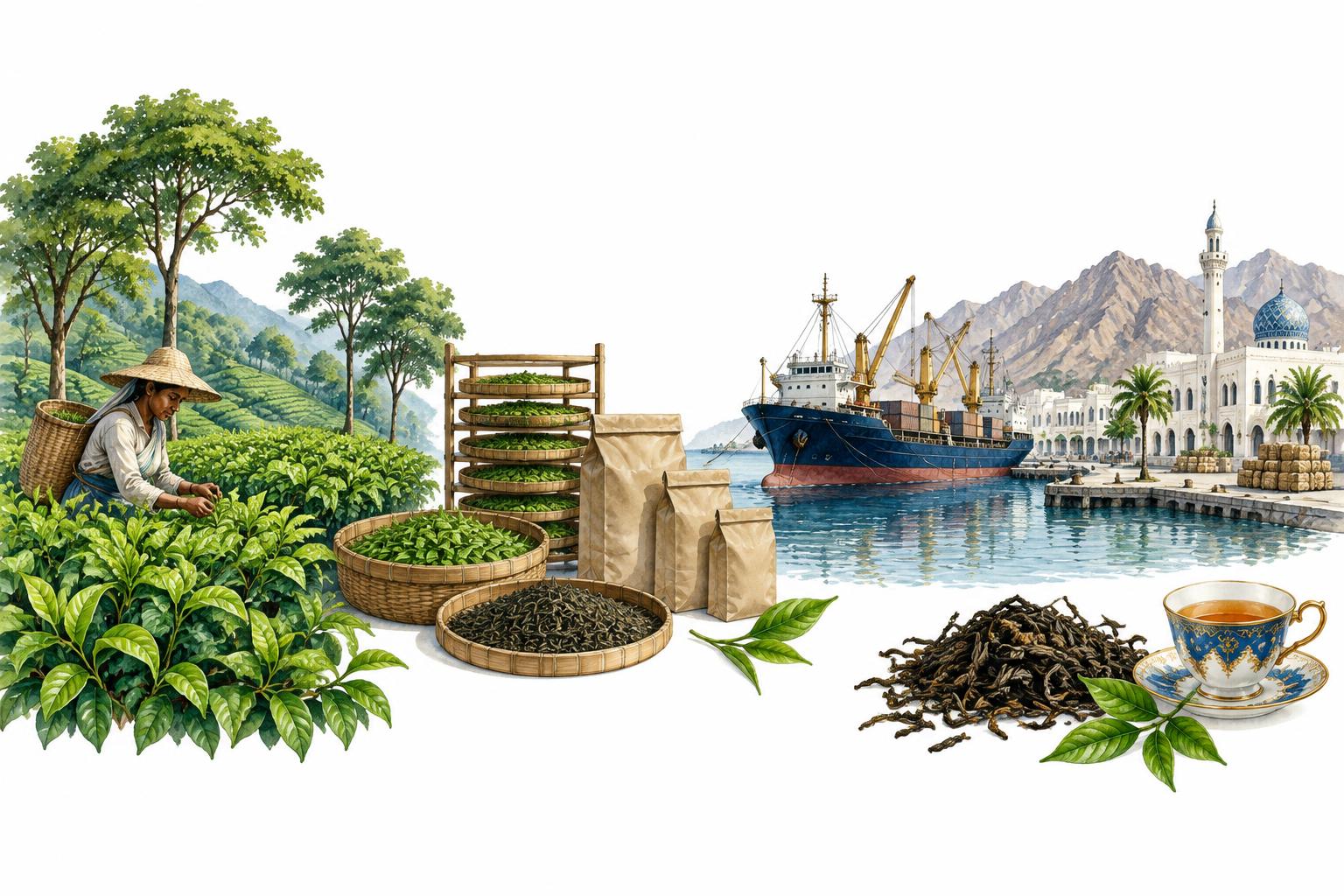 Watercolour illustration connecting tea gardens, processing, sea trade through Oman and a finished cup