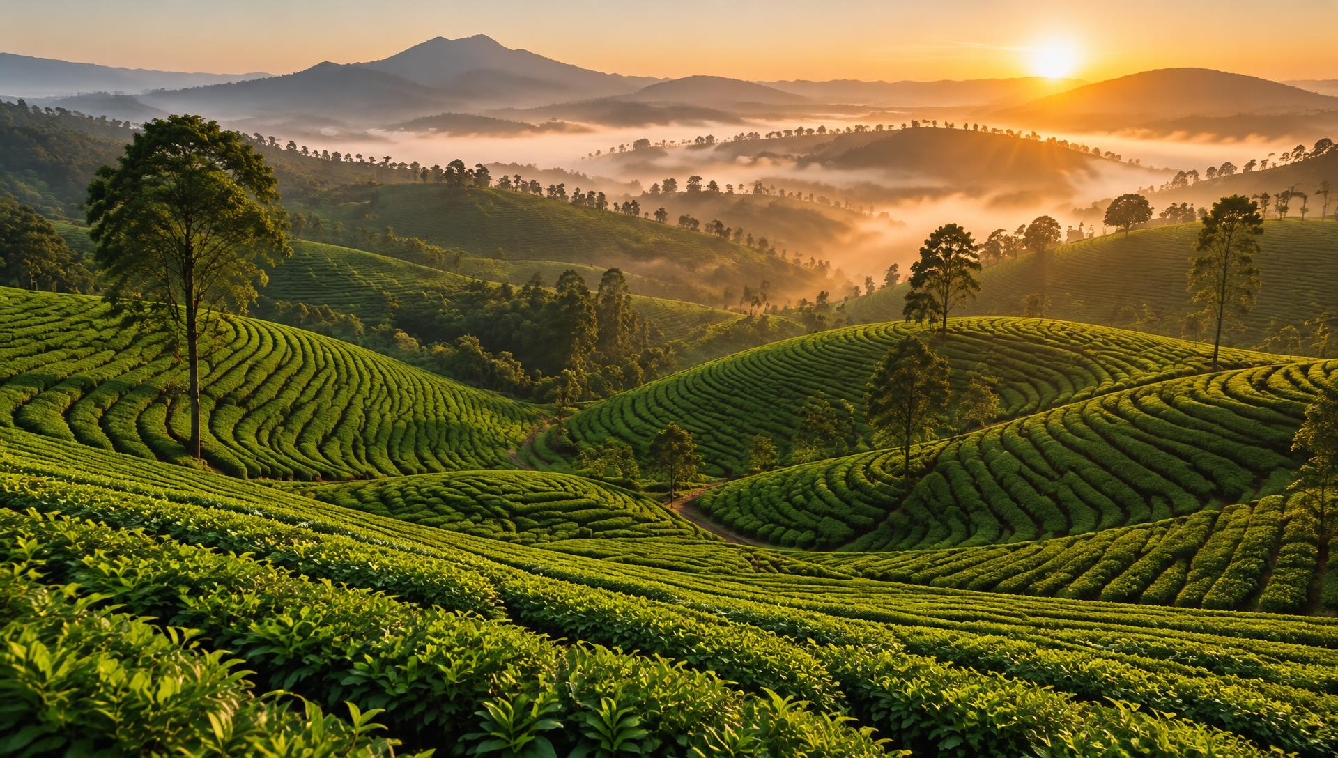 Tea gardens across rolling green hills