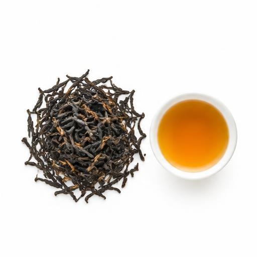 Illustrative Nilgiri Orthodox OP loose tea and cup on white