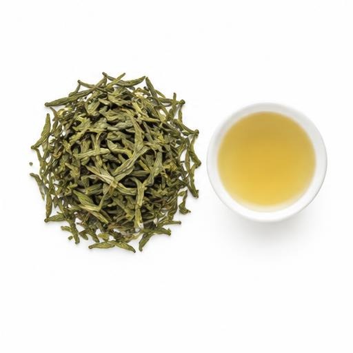 Illustrative Nilgiri Green Tea loose tea and cup on white