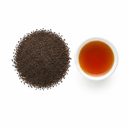 Illustrative Nilgiri Black Fannings loose tea and cup on white