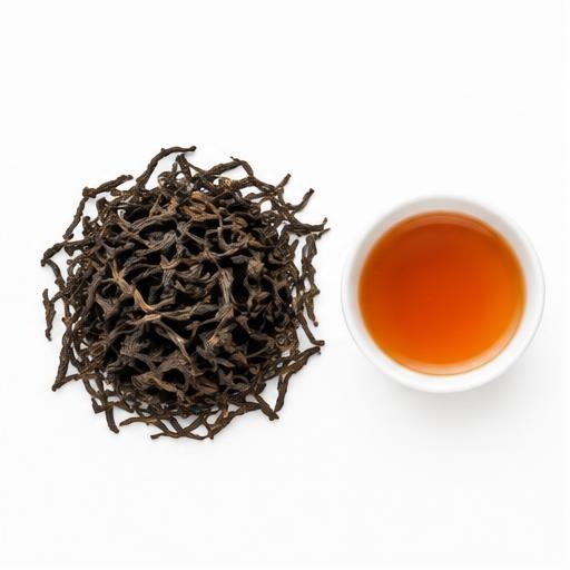 Illustrative Munnar Orthodox OP loose tea and cup on white