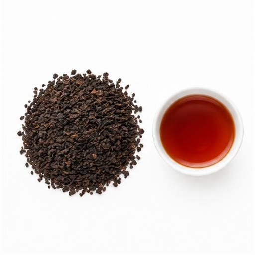 Illustrative Munnar Orthodox BOP loose tea and cup on white