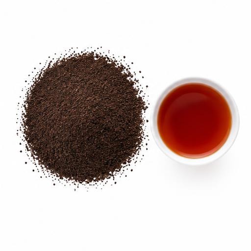 Illustrative Kenya CTC Dust 1 loose tea and cup on white
