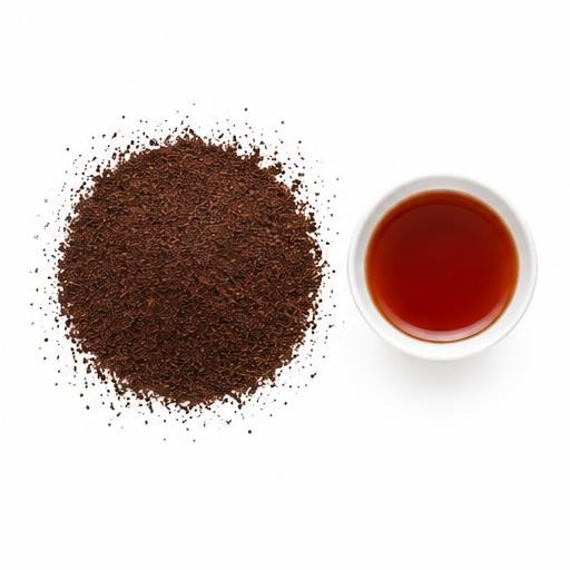 Illustrative Burundi CTC Dust 1 loose tea and cup on white